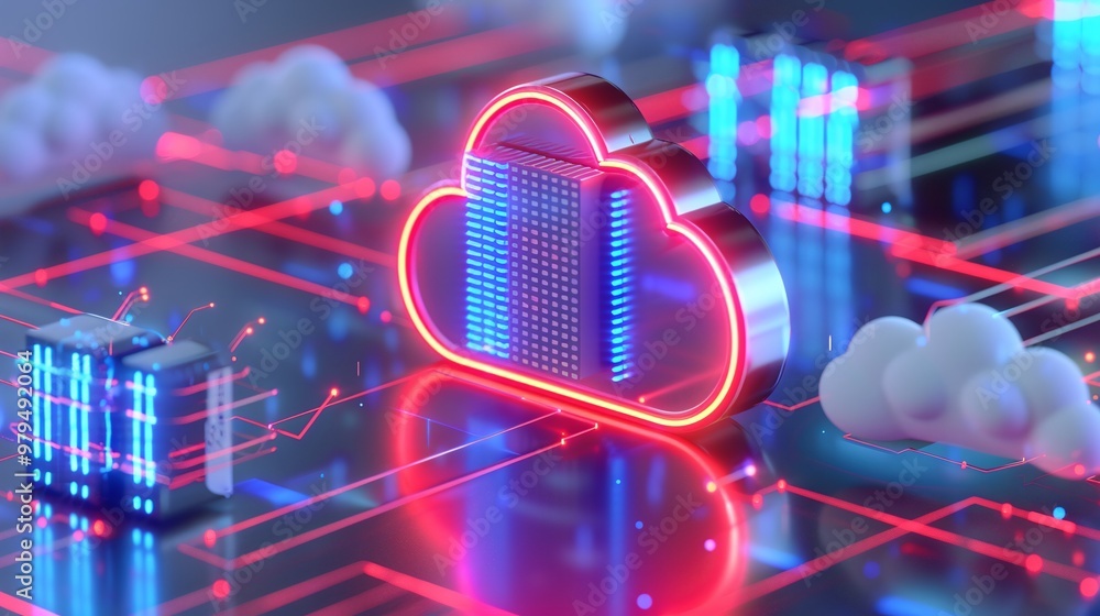 Poster futuristic cloud computing concept with glowing data servers and connections, illustrating digital t