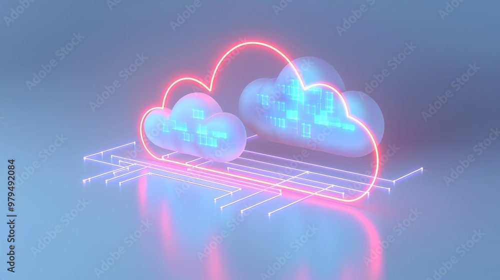 Poster futuristic cloud computing concept with glowing clouds and digital patterns, representing modern tec