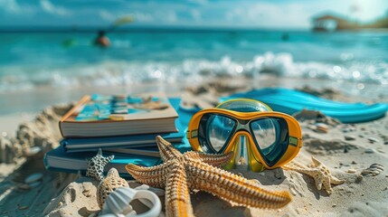 Assortment of beach accessories, such as a snorkeling mask, swim fins, beach towel, and a novel, arranged on sandy shore with sunlight