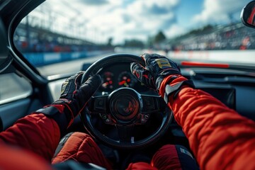 Racing car cockpit gloves driving track.