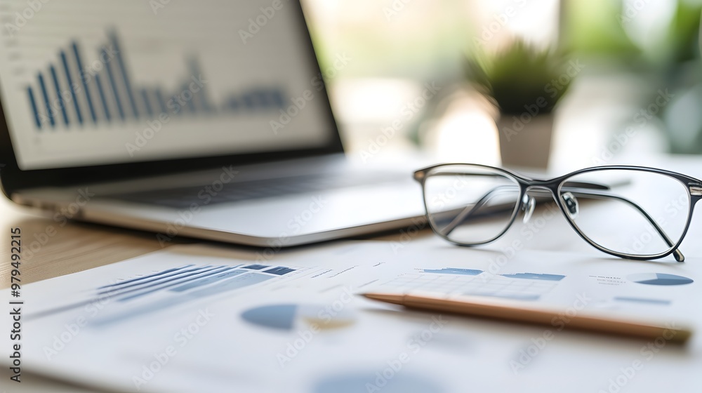 Aufkleber analyzing financial data and business analytics on laptop computer in office workspace