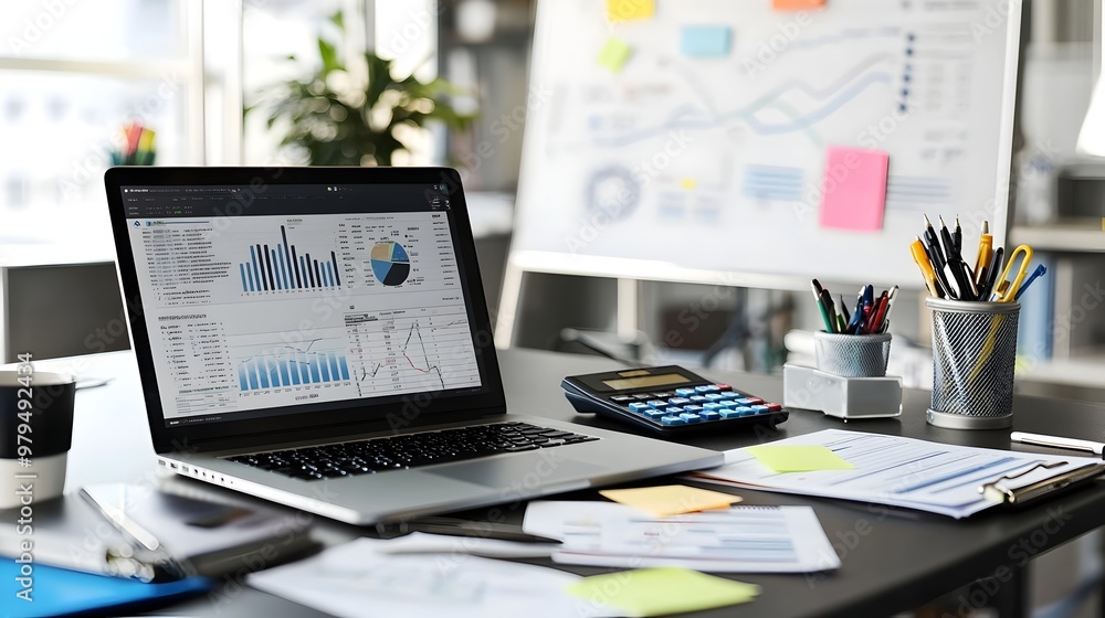 Poster desk workspace with laptop displaying business analytics and charts