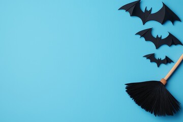 Fototapeta premium Witch broom and bat silhouette, simple scene, 3D illustration on blue background with text area