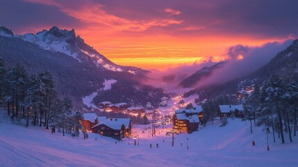 Majestic Sunset Over Ski Resort - Scenic Landscape with Vibrant Orange and Purple Sky Colors Captured with Nikon Z7 II