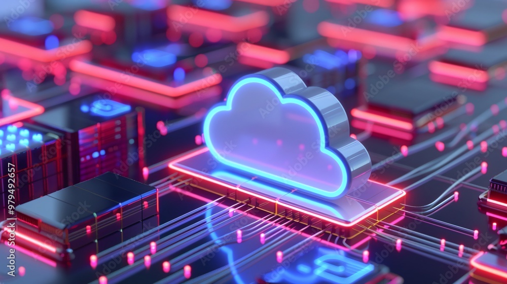 Poster futuristic cloud computing concept with neon colors, showcasing data storage and technology connecti