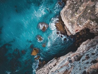 Aerial view of turquoise ocean waves crashing against rocky cliffs.