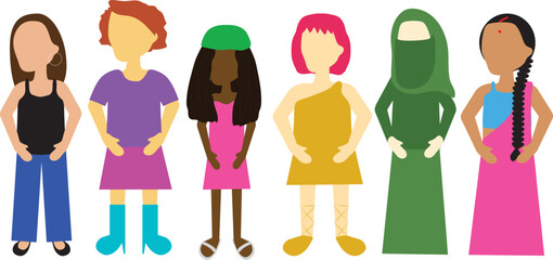 Female diverse bodies diverse faces, faces and diverse hair of different ethnicity. Women empowerment feminist. International womens day graphic in vector flat illustration 8 march