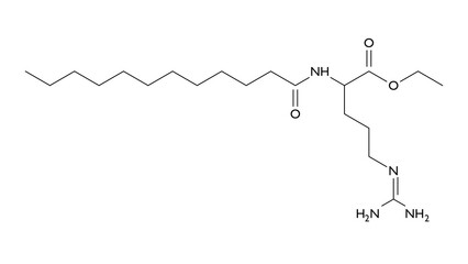 ethyl lauroyl arginate molecule, structural chemical formula, ball-and-stick model, isolated image e243