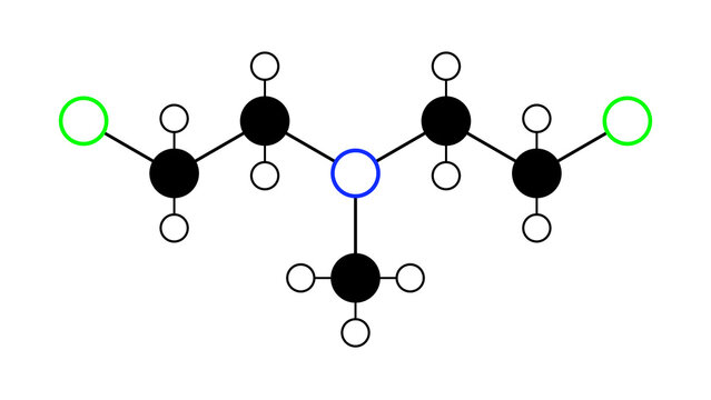 chlormethine molecule, structural chemical formula, ball-and-stick model, isolated image chemotherapeutic drugs