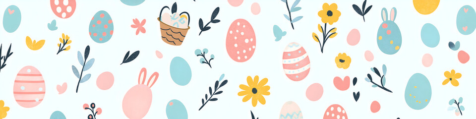 Easter 2D Vector Pattern elements Easter theme featuring repeating elements like Easter eggs bunnies flowers and baskets