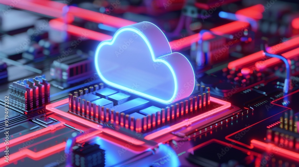 Poster futuristic cloud computing concept with neon lights illuminating a microchip on a circuit board, sym