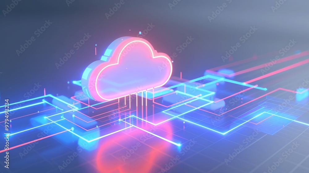 Poster futuristic cloud computing concept with neon lights, illustrating data flow and connectivity in a di