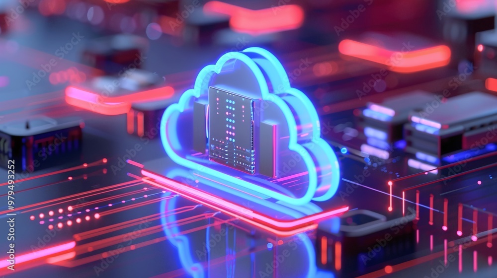 Poster futuristic cloud computing concept with neon lights on a digital circuit board, showcasing technolog