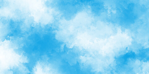 Abstract nature background of romantic summer blue sky with fluffy clouds.  Grunge smooth light sky blue and white shades aquarelle background. Abstract beautiful and soft cloudy blue clouds.