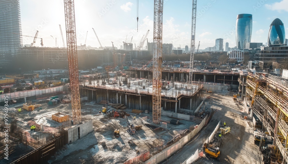 Aufkleber dynamic construction scene featuring multiple tower cranes in action at a busy worksite