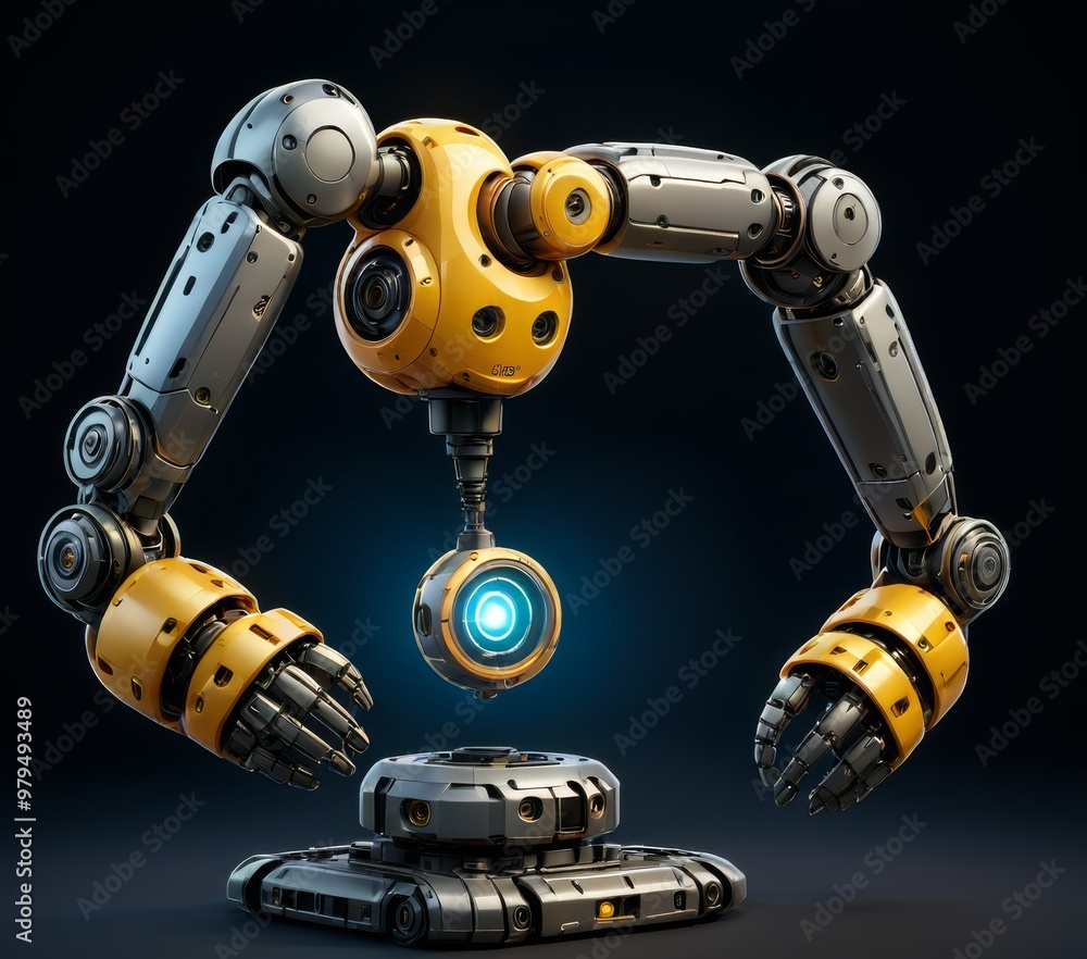 Poster an advanced robotic device featuring articulated arms and a glowing blue core, set against a dark ba