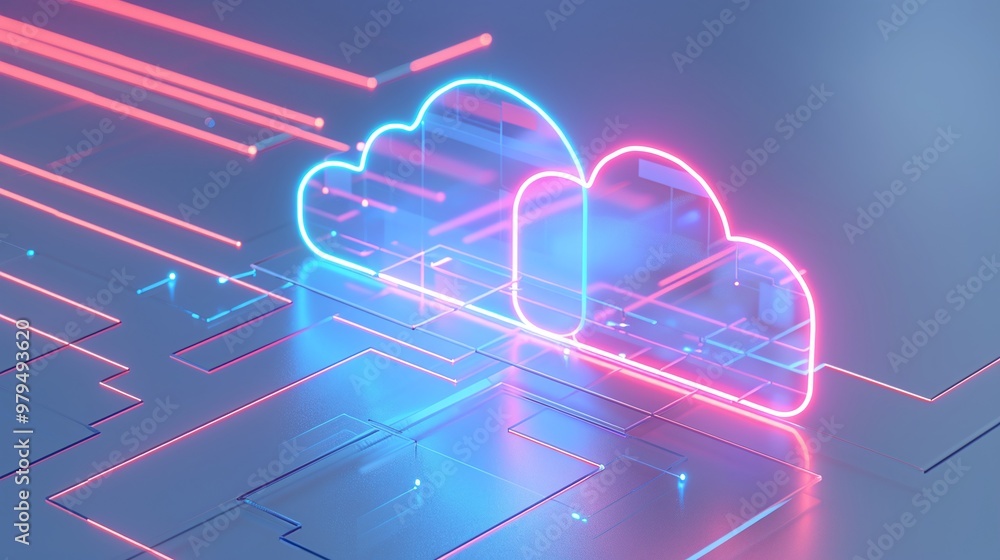 Aufkleber futuristic cloud computing concept with vibrant neon lights and digital data streams, symbolizing te