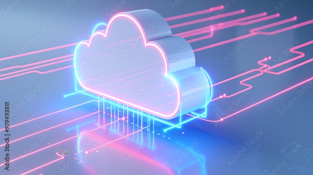 Poster futuristic cloud computing design with neon lights and data streams, symbolizing digital storage and