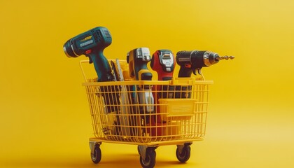 Fototapeta premium Shopping basket filled with electric tools angle grinder, drill, and jigsaw for online sale
