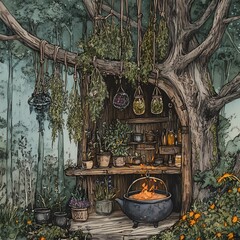Enchanting Witch's Workshop: Magical Treehouse with Hanging Herbs, Bubbling Cauldrons, and Mystical Spells