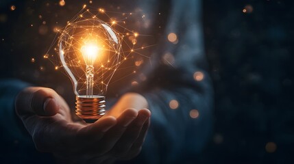 A Hand Holding a Glowing Light Bulb with a Network of Lines Surrounding It