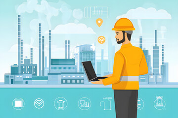 Vector illustration of an engineer holding a laptop with icons connected to a city and power plant,standing in front of a smart factory building.