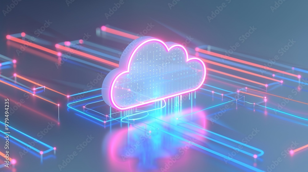 Poster futuristic cloud computing image with glowing neon lines and a digital cloud icon, representing data