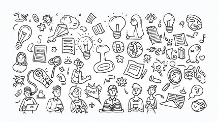 A various character doodle illustration of people finding creative ideas concept, thinking, reading, find solution or knowledge, imagination, Generative AI illustrations. 