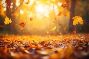 Autumn leaves falling forest background