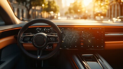 Modern car interior with digital dashboard showing gps navigation system at sunset
