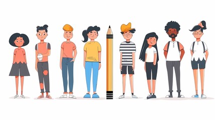 An illustration of various people with a large pencil, young person holding pencil, cute funny isolated characters, cartoon style, Generative AI illustrations. 
