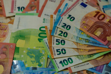Finance background of different euro bills. European money 5