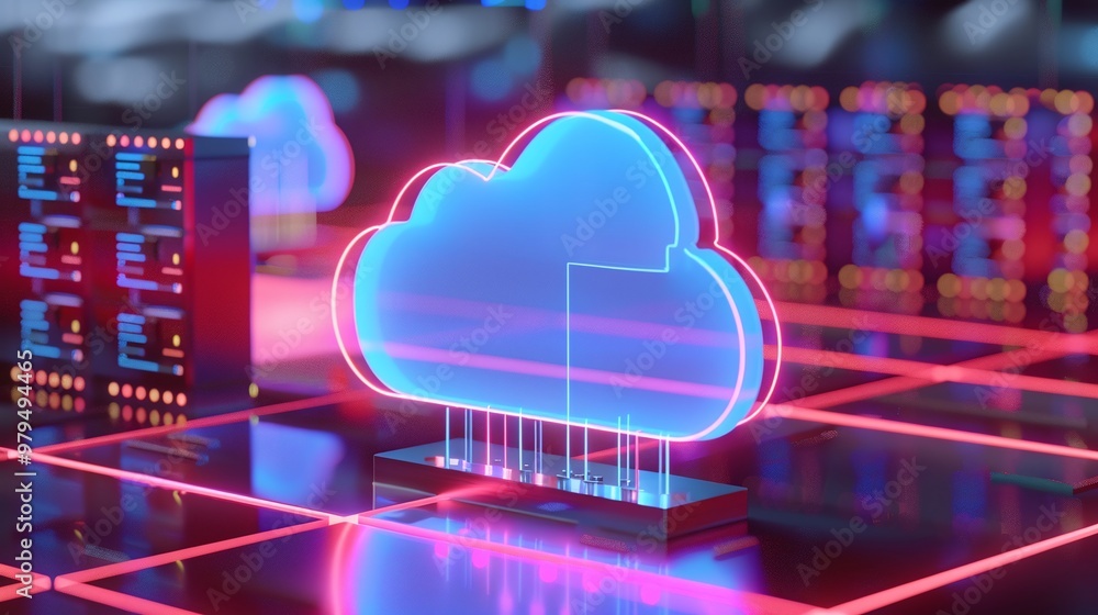 Poster futuristic cloud computing symbol with neon effect, representing digital data storage and technology