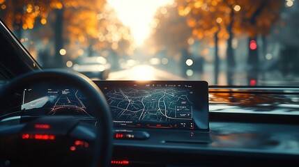 Modern car showing gps navigation system while driving at sunset