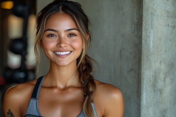 Fototapeta premium A smiling young woman in athletic wear, exuding confidence and positivity during her workout at the gym, representing a healthy and active lifestyle.