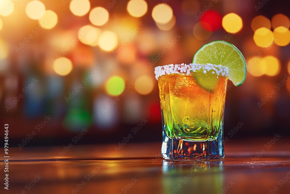 Poster tequila shot with lime and salt on bar counter