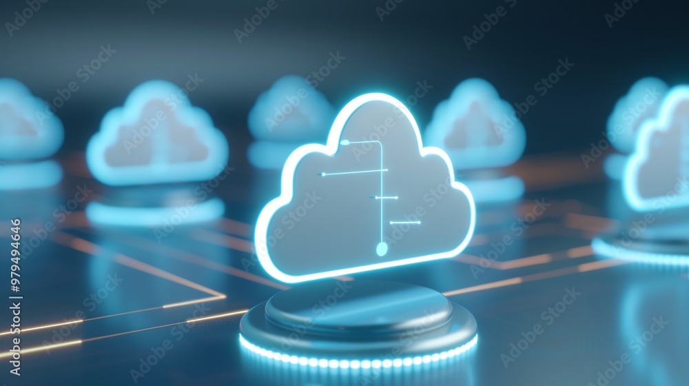 Poster futuristic cloud computing symbols in neon blue, representing data storage and digital connectivity 