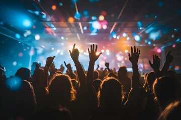 Naklejka premium Night scene of people with raised hands, colorful lights and bokeh suggest celebration