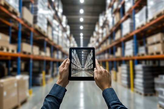 Worker s hands holding tablet in blurred warehouse with smart augmented reality system