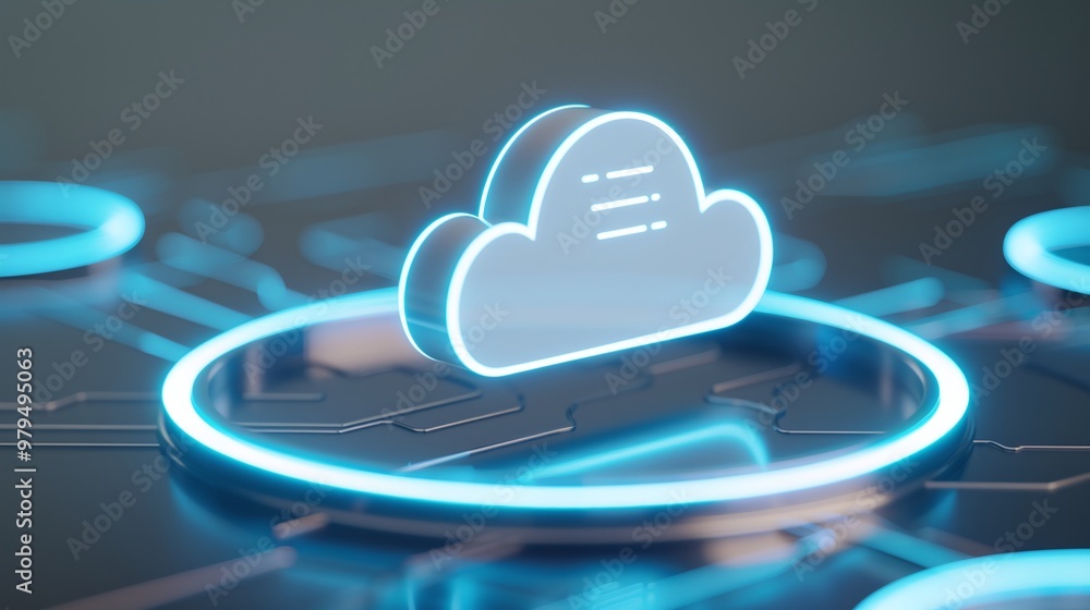 Poster futuristic cloud icon glowing in digital technology backdrop, representing data storage and cloud co