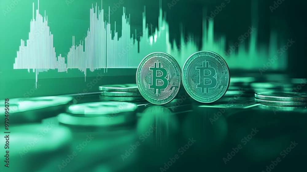 Aufkleber Shiny Bitcoin Coins on Fluctuating Digital Chart with Green Gradient Background