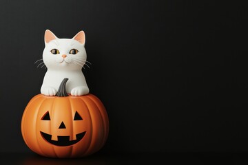 Whimsical white cat perched on a carved pumpkin, perfect for Halloween-themed decorations and festive imagery. 3D illustration on black background