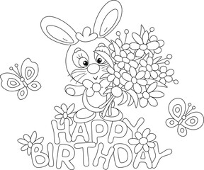 Happy birthday card with a happy little bunny holding a beautiful bouquet of flowers and merry butterflies flying around, black and white vector cartoon illustration for a coloring book