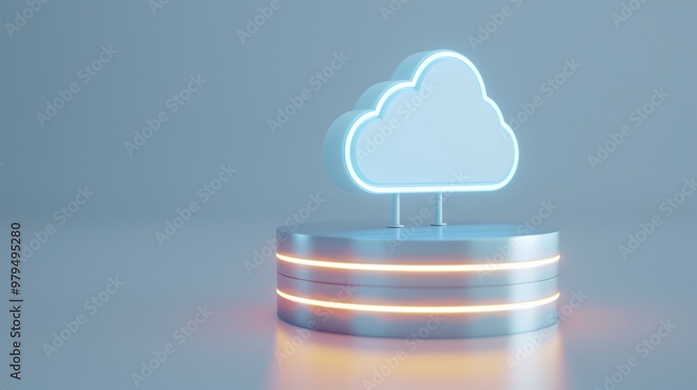 Poster futuristic cloud icon illuminated in neon on a circular platform, symbolizing cloud computing and mo