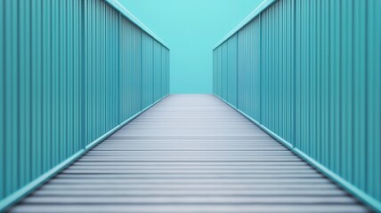 A serene pathway leads towards a turquoise horizon, framed by stylish metal railings, inviting calm and reflection.