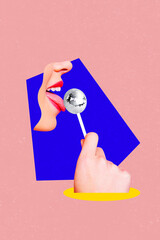 Composite trend artwork sketch image collage of carefree discotheque hand hold lollipop candy sweet tongue lick eat woman fragment face