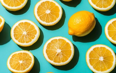 Obraz premium Vibrant lemons and lemon slices arranged on a bright teal background, showcasing their fresh, juicy texture and vivid color.