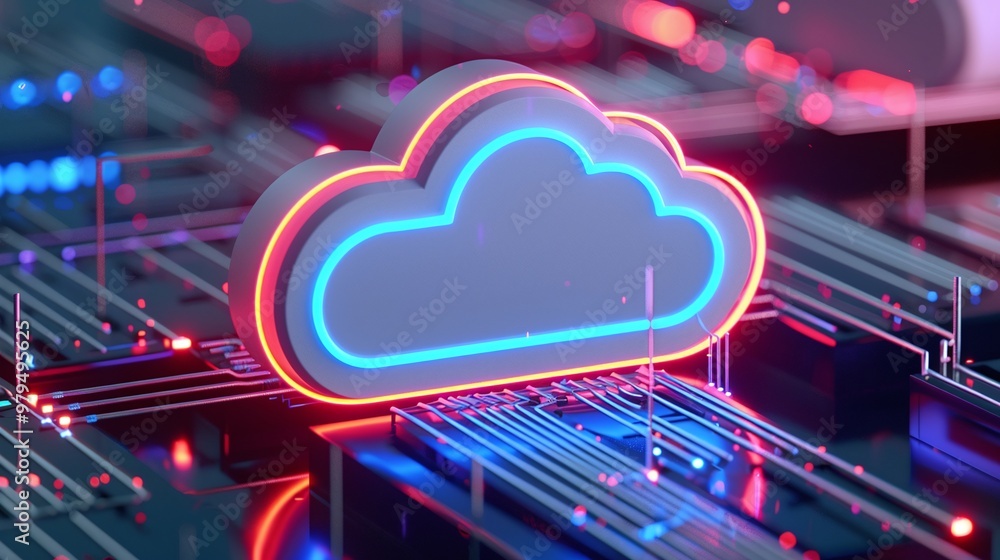 Poster futuristic cloud icon with neon lighting on a circuit board background representing digital technolo
