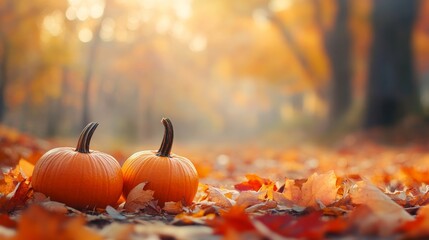 Autumn scene featuring pumpkins and leaves on forest floor with text space for seasonal promotions