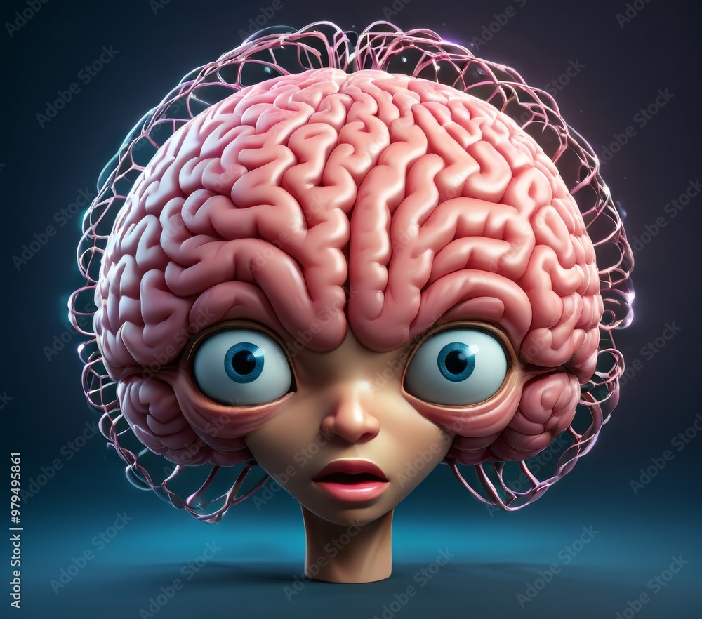 Poster humorous and eye-catching 3d render of a cartoon character with an exaggerated brain. the large, det